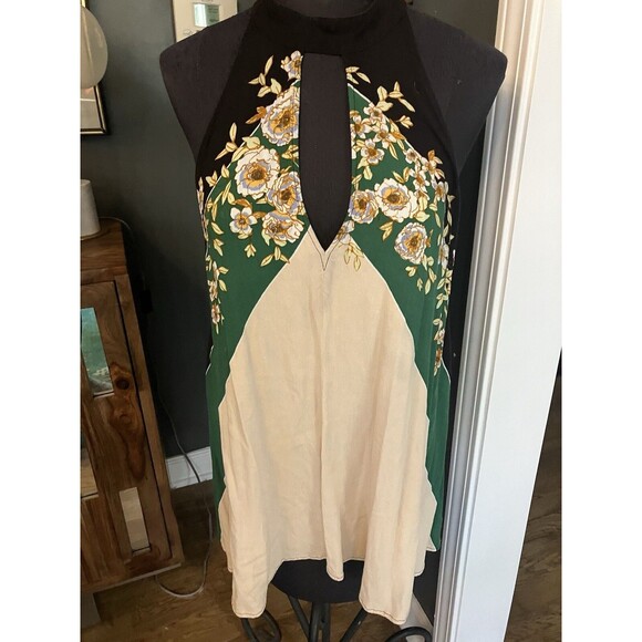 Free People Floral Boho Top Tunic Blouse S Double V Cutout Back Tie Shirt Lowcut - Picture 1 of 5